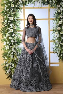 Grey Thread Embroidery Net Semi Stitched Lehenga 1