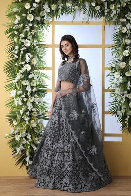 Grey Thread Embroidery Net Semi Stitched Lehenga 3