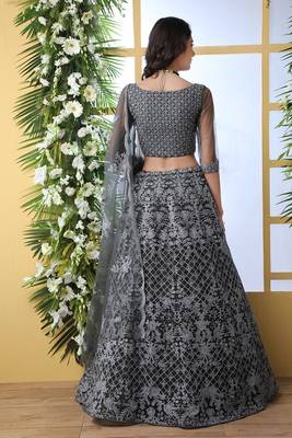 Grey Thread Embroidery Net Semi Stitched Lehenga 4