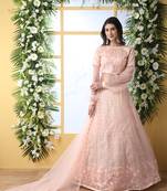 Peach Thread Embroidery Net Semi Stitched Lehenga