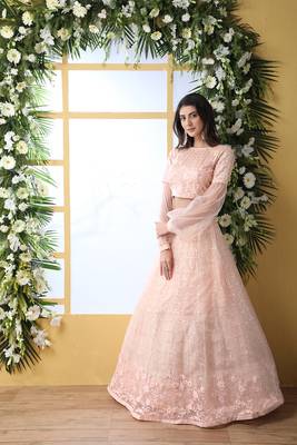 Peach Thread Embroidery Net Semi Stitched Lehenga 3