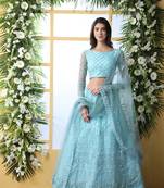 Sky-Blue Thread Embroidery Net Semi Stitched Lehenga