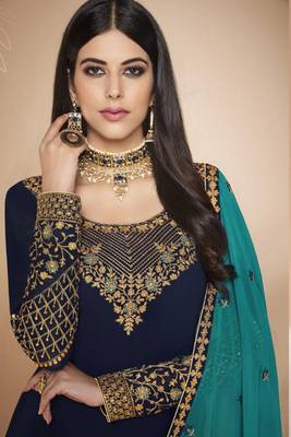 Navy Blue Embroidered Faux Georgette Salwar 2