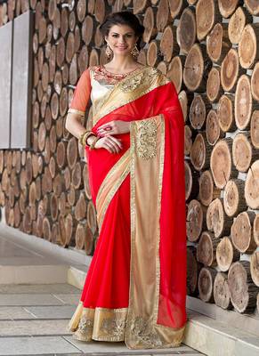 Red embroidered georgette saree with blouse 1