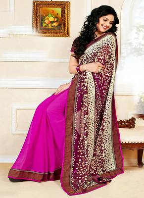 Pink printed georgette saree with blouse 1
