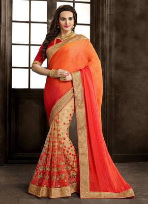 Orange embroidered chiffon saree with blouse 1