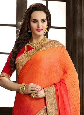 Orange embroidered chiffon saree with blouse 2