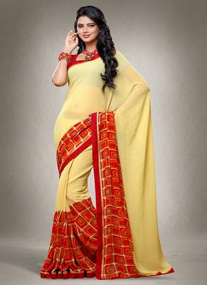 Yellow printed georgette saree with blouse 1
