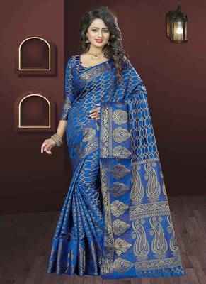 Navy blue woven silk blend saree with blouse 1