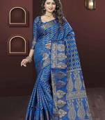 Navy blue woven silk blend saree with blouse