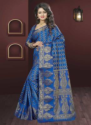 Navy blue woven silk blend saree with blouse 2