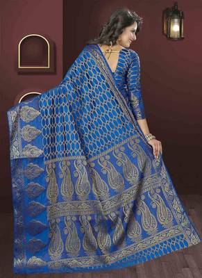 Navy blue woven silk blend saree with blouse 3
