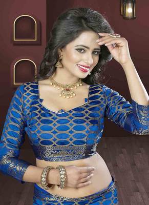 Navy blue woven silk blend saree with blouse 4