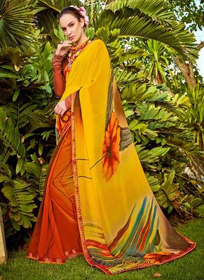 Mustard printed georgette saree with blouse 1