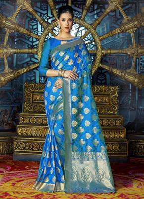 Blue woven silk blend saree with blouse 1