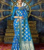 Blue woven silk blend saree with blouse