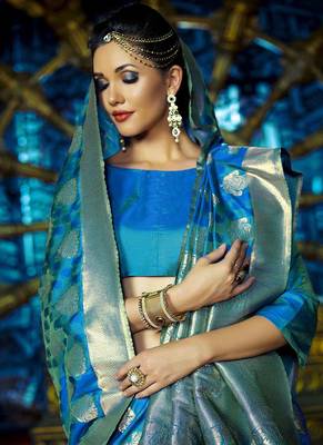 Blue woven silk blend saree with blouse 2