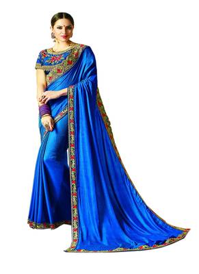 Blue embroidered silk blend saree with blouse 1