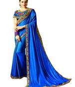 Blue embroidered silk blend saree with blouse