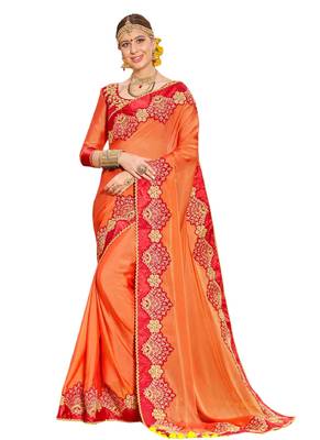 Orange embroidered silk blend saree with blouse 1