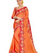 Orange embroidered silk blend saree with blouse