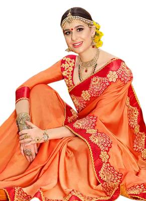 Orange embroidered silk blend saree with blouse 2