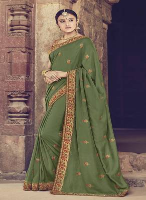 Olive embroidered silk blend saree with blouse 1
