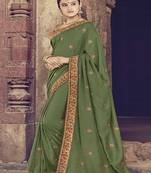 Olive embroidered silk blend saree with blouse