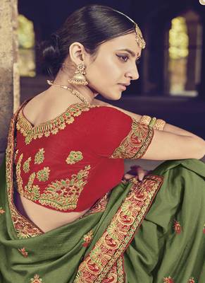 Olive embroidered silk blend saree with blouse 2