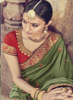 Olive embroidered silk blend saree with blouse 3