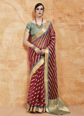 Maroon woven silk blend saree with blouse 1