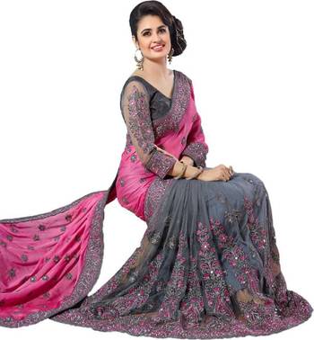 Beige embroidered silk blend saree with blouse 3