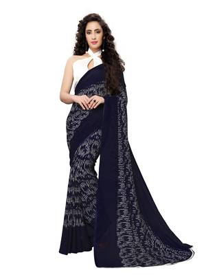Navy blue printed georgette saree with blouse 1