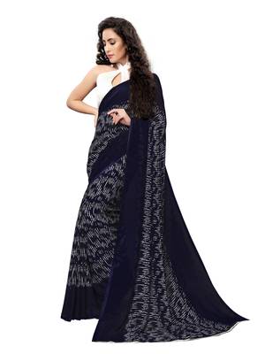 Navy blue printed georgette saree with blouse 2
