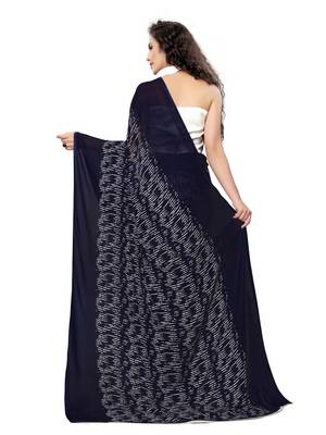 Navy blue printed georgette saree with blouse 3