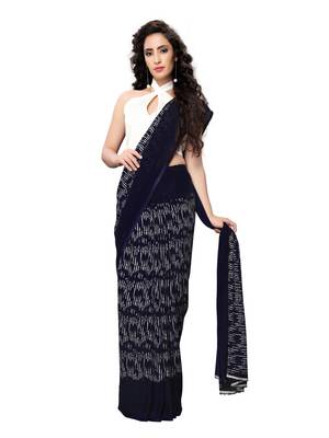Navy blue printed georgette saree with blouse 4
