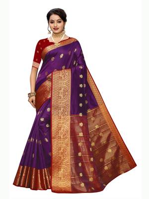 Purple woven poly silk saree with blouse 1