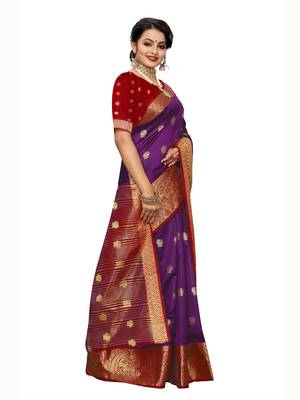 Purple woven poly silk saree with blouse 3
