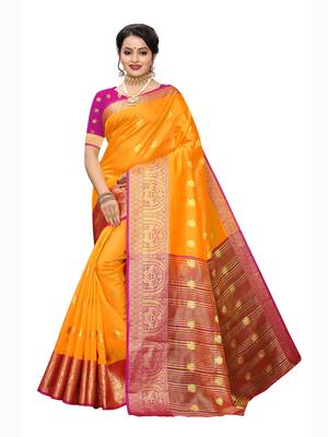 Yellow woven poly silk saree with blouse 1