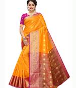 Yellow woven poly silk saree with blouse