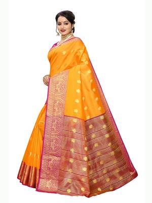 Yellow woven poly silk saree with blouse 2