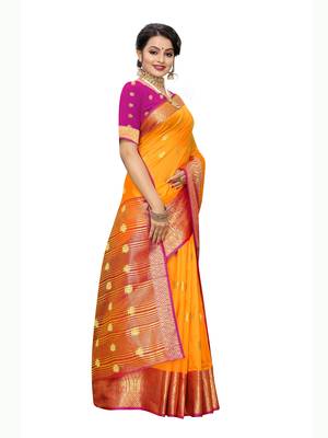 Yellow woven poly silk saree with blouse 3
