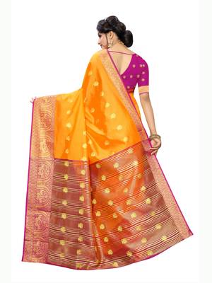 Yellow woven poly silk saree with blouse 4