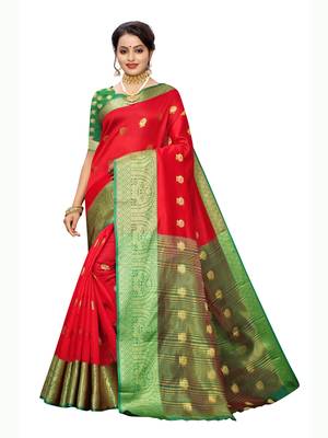Red Woven Poly Silk Saree With Blouse 1