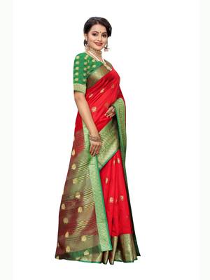 Red Woven Poly Silk Saree With Blouse 3