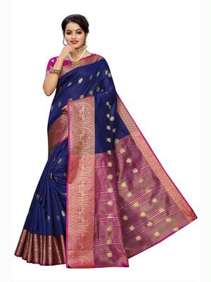 navy blue woven poly silk saree with blouse 1