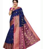 navy blue woven poly silk saree with blouse