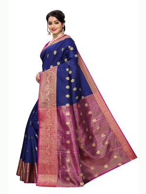navy blue woven poly silk saree with blouse 2