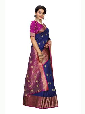 navy blue woven poly silk saree with blouse 3
