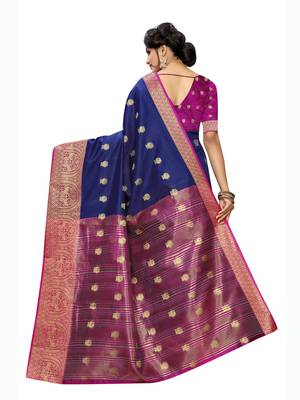 navy blue woven poly silk saree with blouse 4